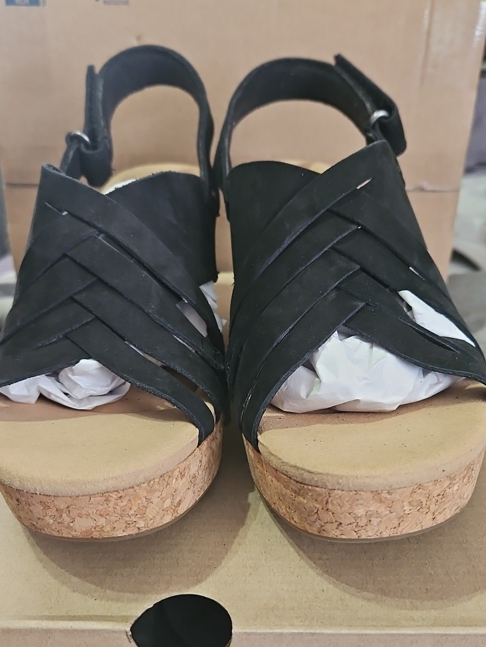 Clarks Black Woven Cork Wedge Sandals - Women - Picture 1 of 6